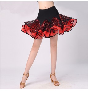 Black red fuchsia silver patchwork circle pattern women's ladies female competition stage performance latin salsa dance skirts